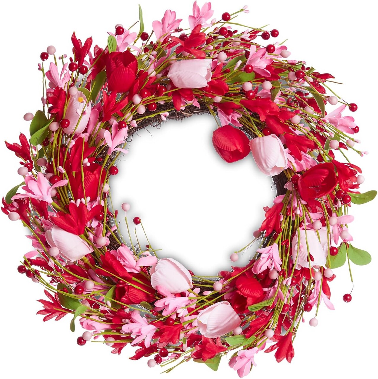 18.8-Inch Valentine’s Day Wreath – Red & Pink Tulip Floral Wreath with Berry Accents for Front Door, Wedding, Anniversary, and Party Décor